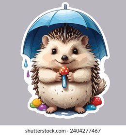 A chubby hedgehog holding a tiny umbrella, with raindrops turning into colorful candies around it