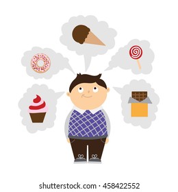 Chubby kid dreaming of sweets. Boy with overweight. Isolated cartoon character. Wish in clouds.
