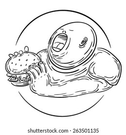 A chubby kid eating hamburger. EPS10 vector illustration