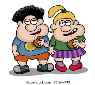 Chubby kids eating junk food