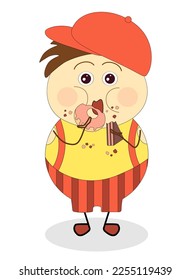 Chubby little boy greedily eats donuts with strawberry glaze and a piece of chocolate cake. Vector illustration.