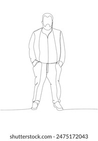 chubby man with a beard in a casually dressed suit one line art. Continuous line drawing of body positive, overweight, plus size model, XL, health, fashion, self acceptance.