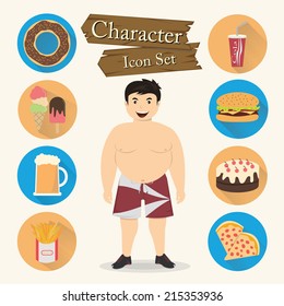 Chubby man character Icon set vector 