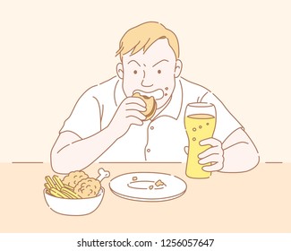 Chubby man eating fast food and holding glass of beer in thin line style