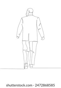 chubby man in elegant suit, rear view one line art. Continuous line drawing of body positive, overweight, plus size model, XL, health, fashion, self acceptance.