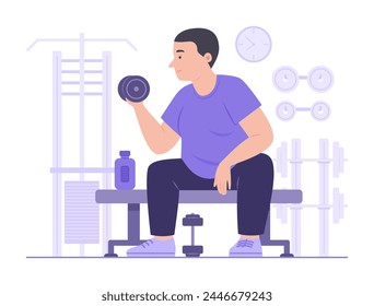 Chubby Man Exercise with Dumbbell for Weight Training in Fitness Gym Room