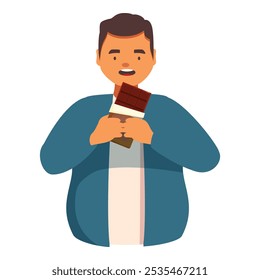 Chubby man is happily hugging a chocolate bar, showing his love for sweets