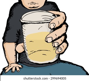 Chubby man holding a cup of beer