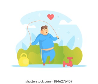 Chubby Man Jumping with Skipping Rope, Overweight Man Character Doing Workout Outdoors Vector Illustration