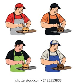 Chubby Man Making Hamburger Colored Vector Illustration