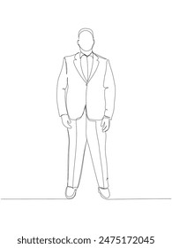 chubby man in a suit one line art. Continuous line drawing of body positive, overweight, plus size model, XL, health, fashion, self acceptance.