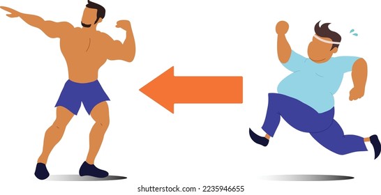Chubby man turning into athlete Calories exercise calculate to lose weight, fat man in sport wear Fitness and running on, Calories burned routine activity, Healthy Lifestyle, Vector illustration.