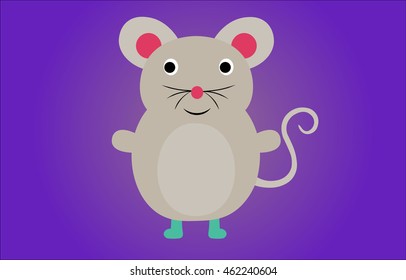 Chubby mouse waving, with small,pink nose and long tail on an intense mauve background - vector illustration.