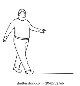 Chubby Old Man Walking. Hand Drawn Vector Illustration. Black And White.