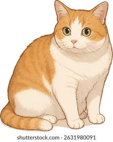 Chubby Orange and White Cat Sitting – Cute Vector Illustration on Transparent Background
