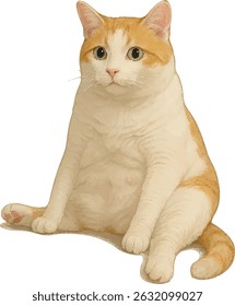 Chubby Orange and White Cat Sitting Upright – Funny Vector Illustration on Transparent Background