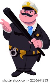 Un policía gordito y con sobrepeso, con un bigote grande, sostiene un palo en la mano y lleva una ilustración del vector del capuchón