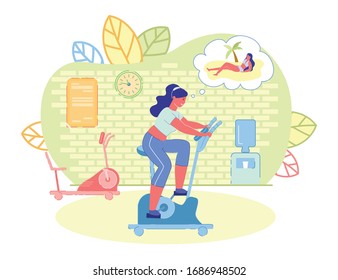 Chubby Overweight Woman Training Hard in Fitness Room, Pedals Bicycle Simulator. Young Girl Trying to Lose Weight before Summer Beach Season and Dreaming about Slim Figure. Flat Vector Illustration.