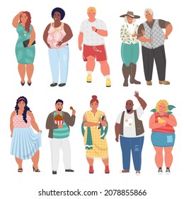 Chubby Person Cartoon Character Set, Flat Vector Isolated Illustration. Plus Size Woman, Curvy Lady, Fat Man. Diverse Happy Chubby People.