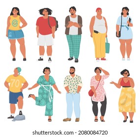 Chubby person cartoon character set, flat vector isolated illustration. Plus size woman, curvy lady, fat man wearing casual clothes. Body positive.