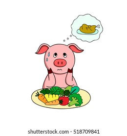 Chubby pig boring to eat vegetables, and thinking of cheese meal, hand drawn cartoon, vector illustration.