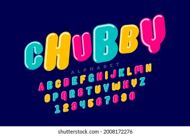 Chubby, playful style font design, plumpy alphabet, letters and numbers vector illustration