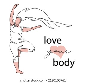 Chubby, Plump, Fat, Obese, Plus Size Vector Woman Or Girl Lineart. Love Your Body, Body Positive Quote With Woman Illustration In Yoga Pose. One Continuous Line Art Drawing.