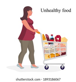 Chubby plump girl. A woman is shopping at a grocery supermarket and is carrying a shopping cart. Semi-finished products. Unhealthy food. Vector illustration.
