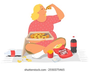 Chubby plump woman eating pizza suffering from eating disorder