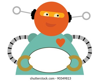 Chubby Robot Holding Blank Oval Sign