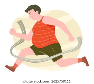 Chubby Runner Man Running to Finish Line for Sport and Healthcare Concept Illustration