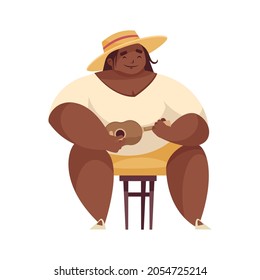 Chubby smiling character playing small hawaiian guitar cartoon vector illustration