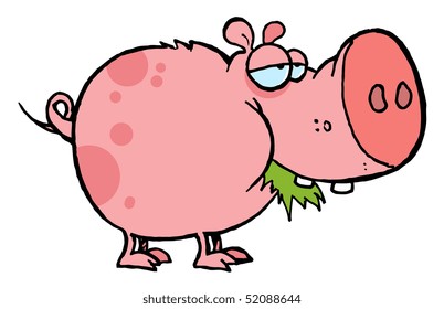 Chubby Spotted Pink Pig Munching On Grass
