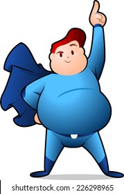 Chubby Superhero posing with blue superhero costume and blue cape vector illustration. 