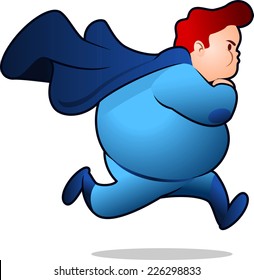 Chubby Superhero running to fight, with blue costume, brown hair vector illustration. 