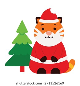 A chubby tiger dressed as mini Santa sitting in front of a fireplace, enjoying cozy festive Christmas holiday decorations.