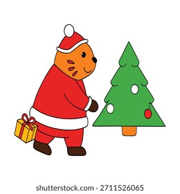 Tigre gordito vestido como Santa colocando regalos debajo del árbol de Navidad, agregando un sentimiento festivo juguetón a la temporada de vacaciones