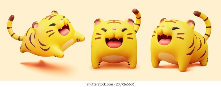 Chubby tiger figurines. 3d rendering illustration of three open mouthed tigers standing and jumping - Shutterstock ID 2059265636
