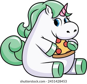 Chubby unicorn eating pizza vector illustration