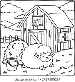 Chubby White Sheep Resting Peacefully by a Rustic Barn with Hay and Bucket on a Sunny Farm