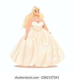 Chubby white woman bride with a bouquet of flowers on her hands vector illustration