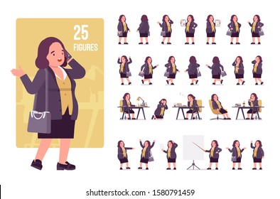 Chubby woman character set. Middle aged lady, kind civil service worker in curvy, voluptuous body type, big women fashion, plus size formal wear. Full length, different view, gestures, emotions, poses