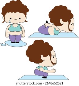 Chubby Woman Cryig and Yoga and Squats Vector Illustration Set on white background.