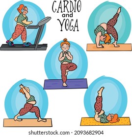 Chubby Woman Doing Yoga. 
Flexibility. Yoga Moves Illustration Set