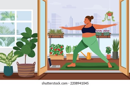 A Chubby Woman Doing Yoga Online On Apartment Balcony Decorated With Green Plants. Vector Illustration