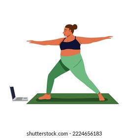 A chubby woman doing yoga online. 