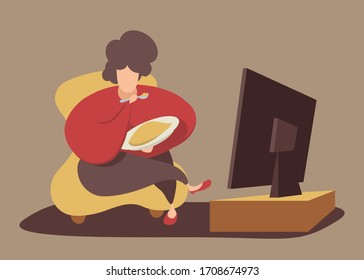 Chubby Woman Eating In Front Of The Tv. Excess Weight Problem. Vector Illustration. Older Women Fun