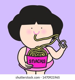 Chubby Woman Eating Noodles As Snacks Concept Card Character illustration