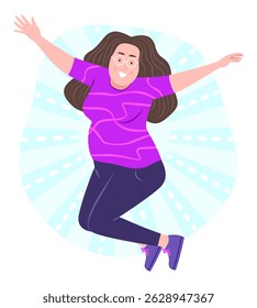 Chubby Woman Jumping with Happy Contented Emotion for Satisfaction in Body Shape Concept Illustration Clip Art