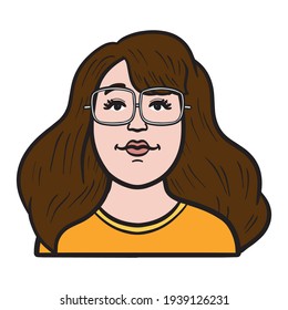 chubby woman with long brown hair and glasses. vector comic avatar.
